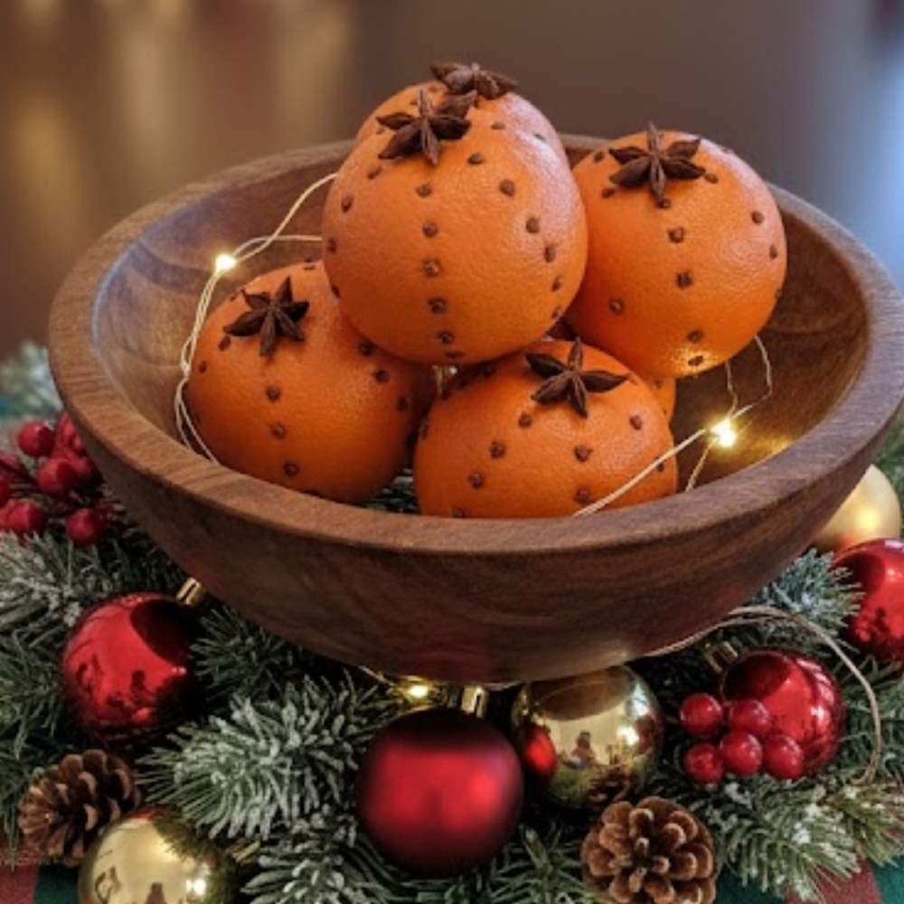 Set of Four Festive Decorative Oranges with Cloves Decor Pieces
